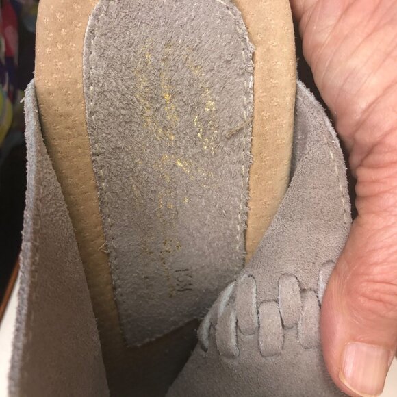 Sbicca Gray Suede Peep-Toe Fringe Wedge Sandals 5” Wooden Heel Size 10 M Boho - Picture 12 of 16